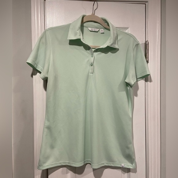 Lady Hagen Size M Mont Green Short Sleeve Polo Shirt Logo Split Hem Button - Picture 1 of 11